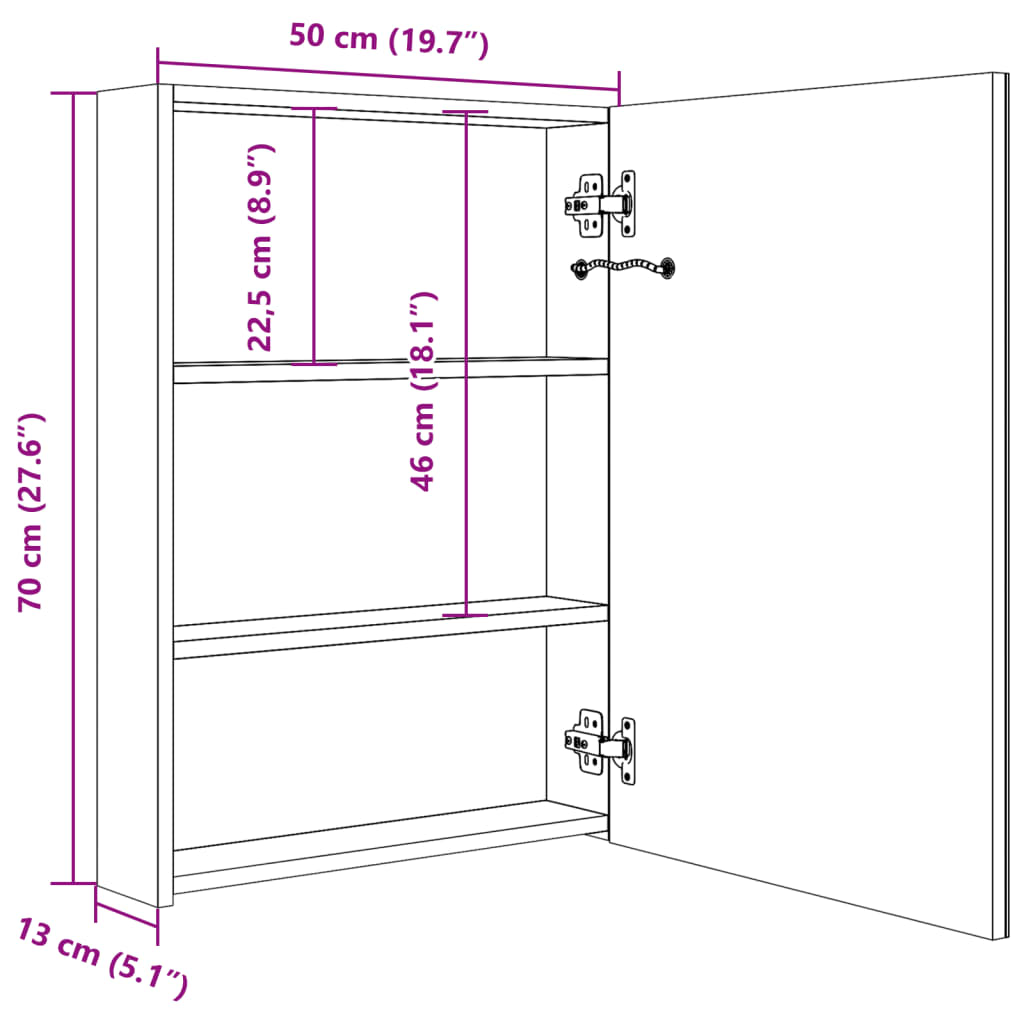 Armoire de salle de bain à miroir LED 50x13x70 cm