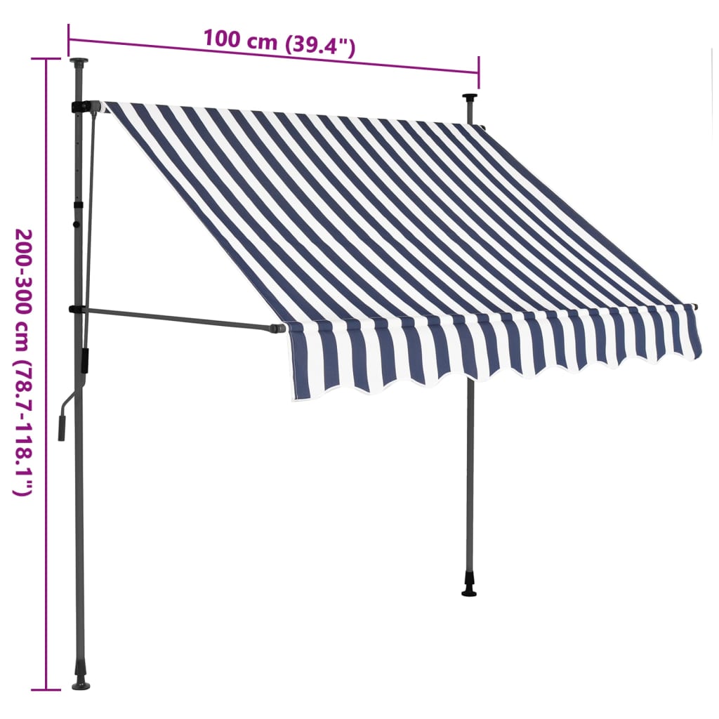 Manual retractable awning with LED 100 cm Blue and white