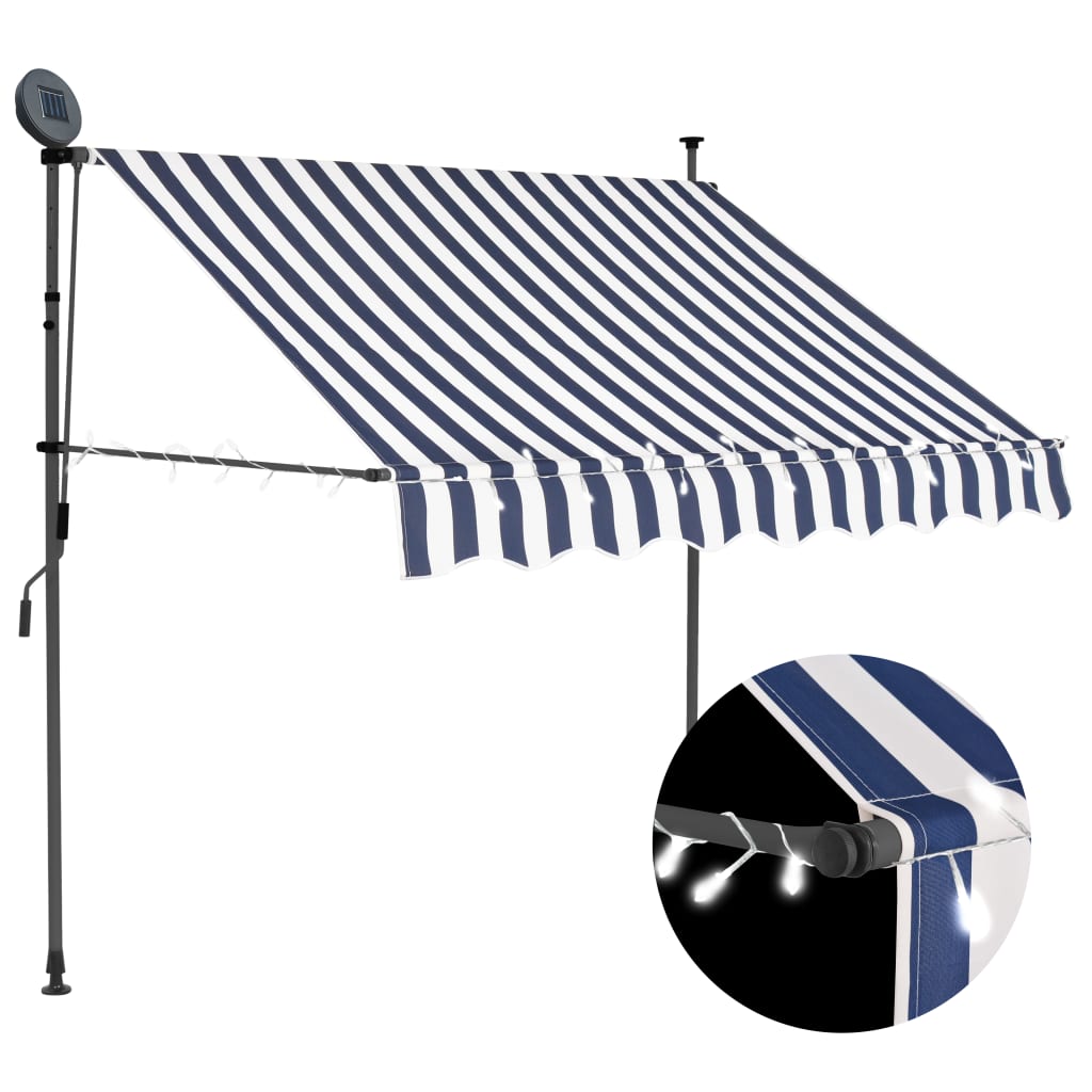 Manual retractable awning with LED 150 cm Blue and white