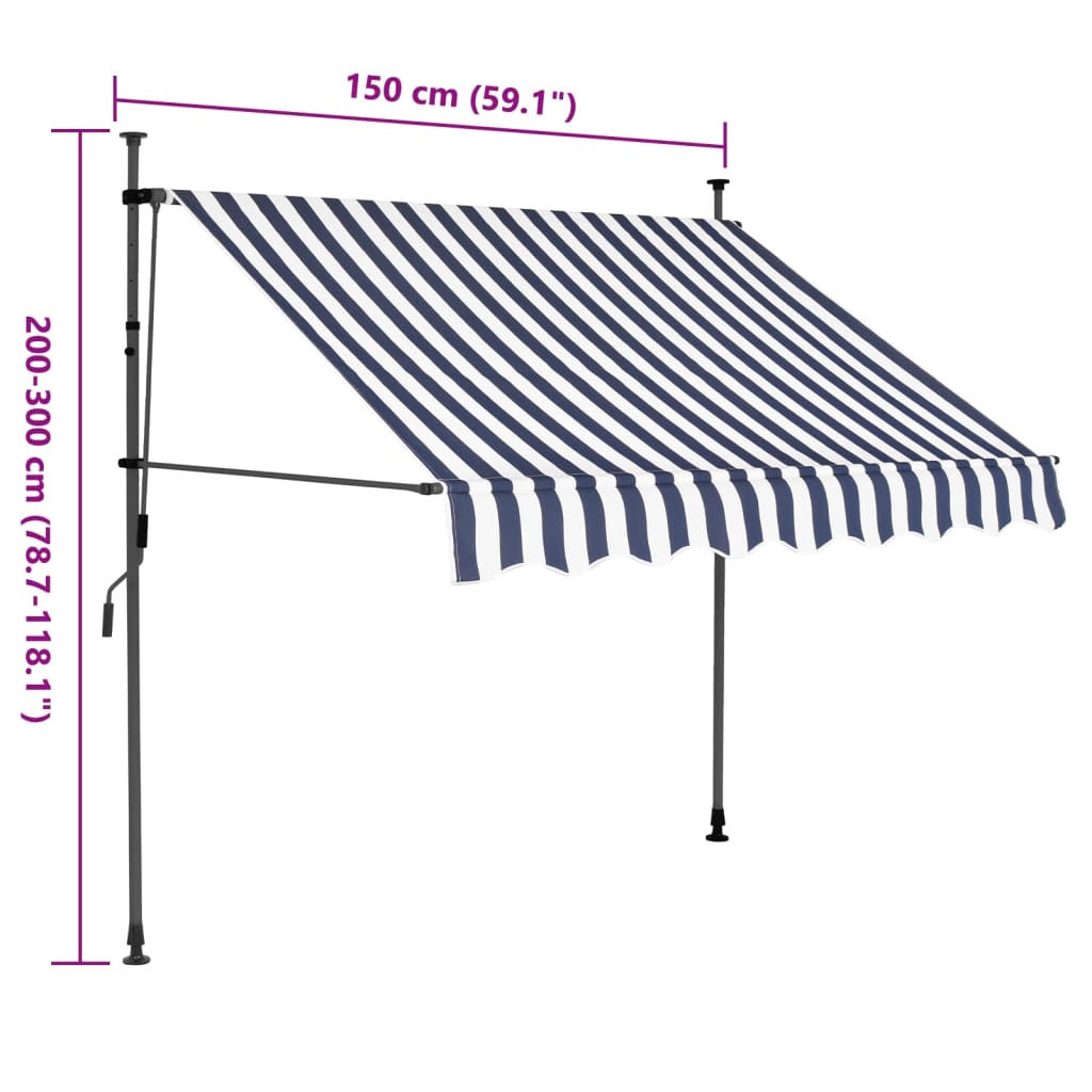 Manual retractable awning with LED 150 cm Blue and white