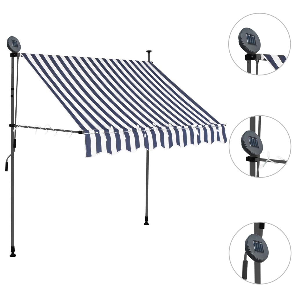 Manual retractable awning with LED 200 cm Blue and white