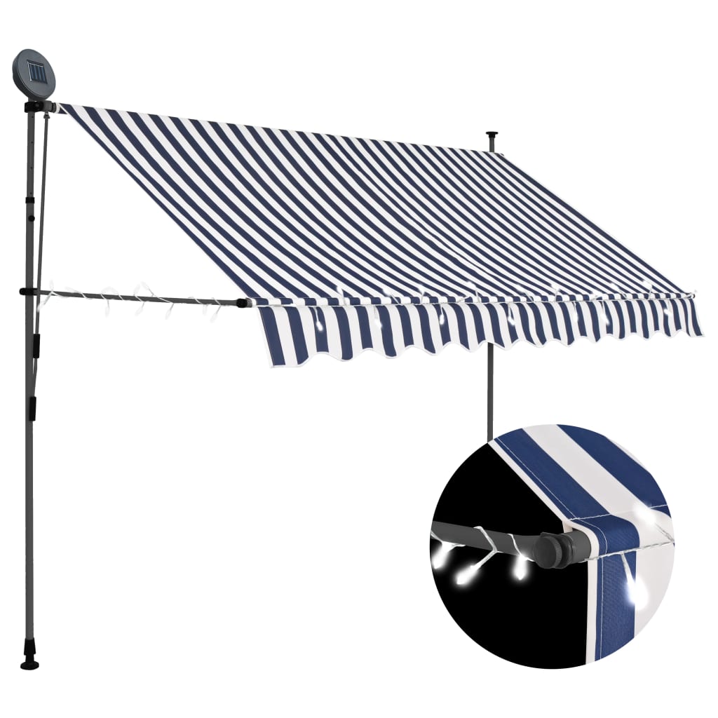 Manual retractable awning with LED 250 cm Blue and white