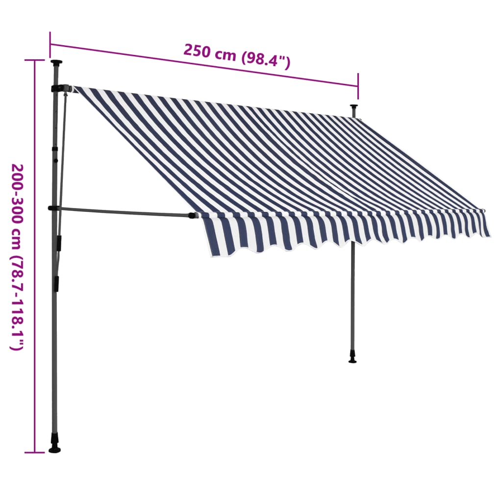 Manual retractable awning with LED 250 cm Blue and white