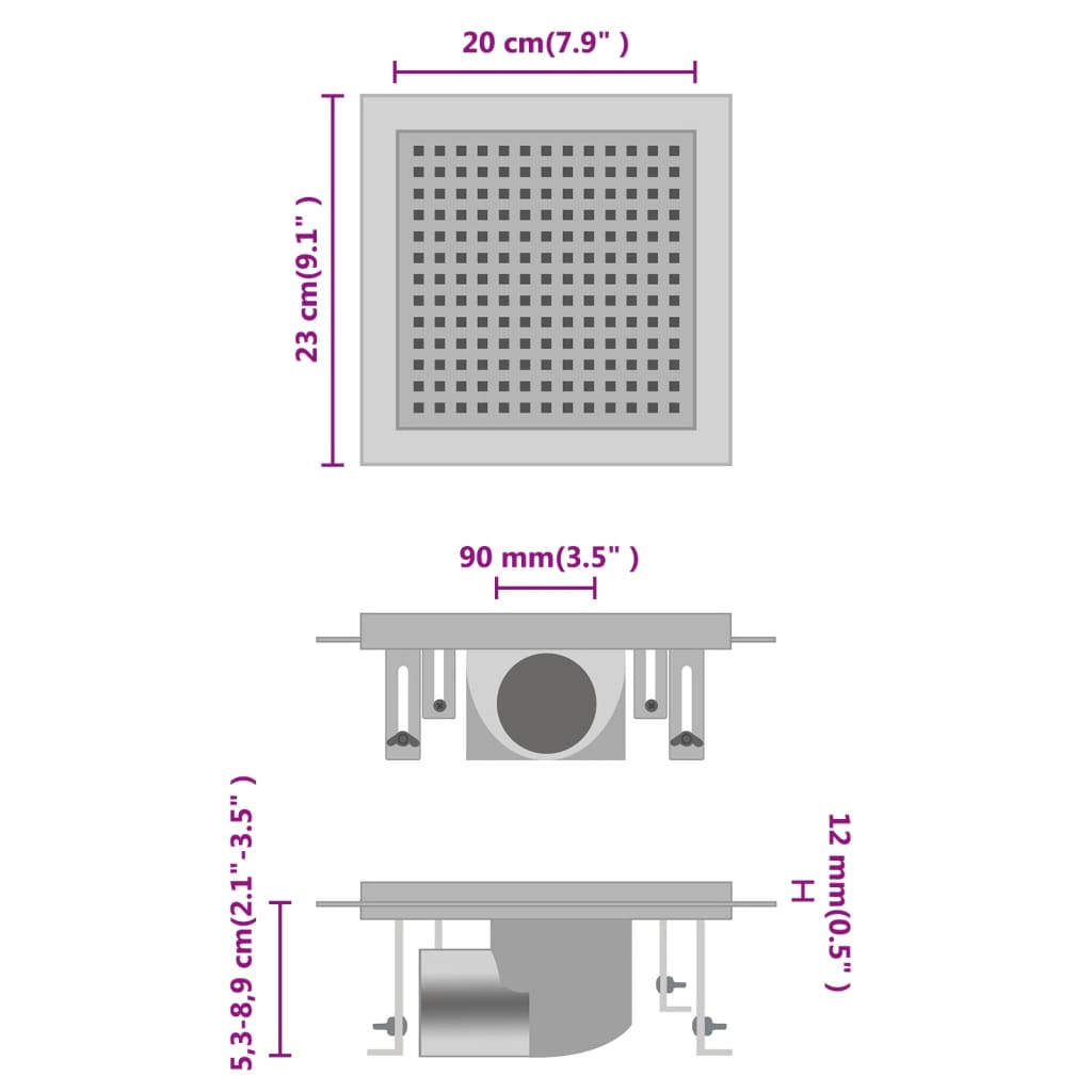 Drain de douche 23x23 cm Acier inoxydable