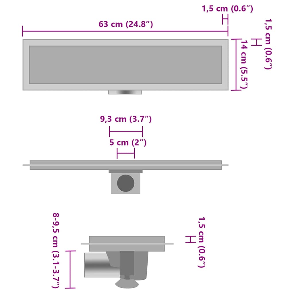 Drain de douche avec couvercle 2 en 1 63x14 cm Acier inoxydable