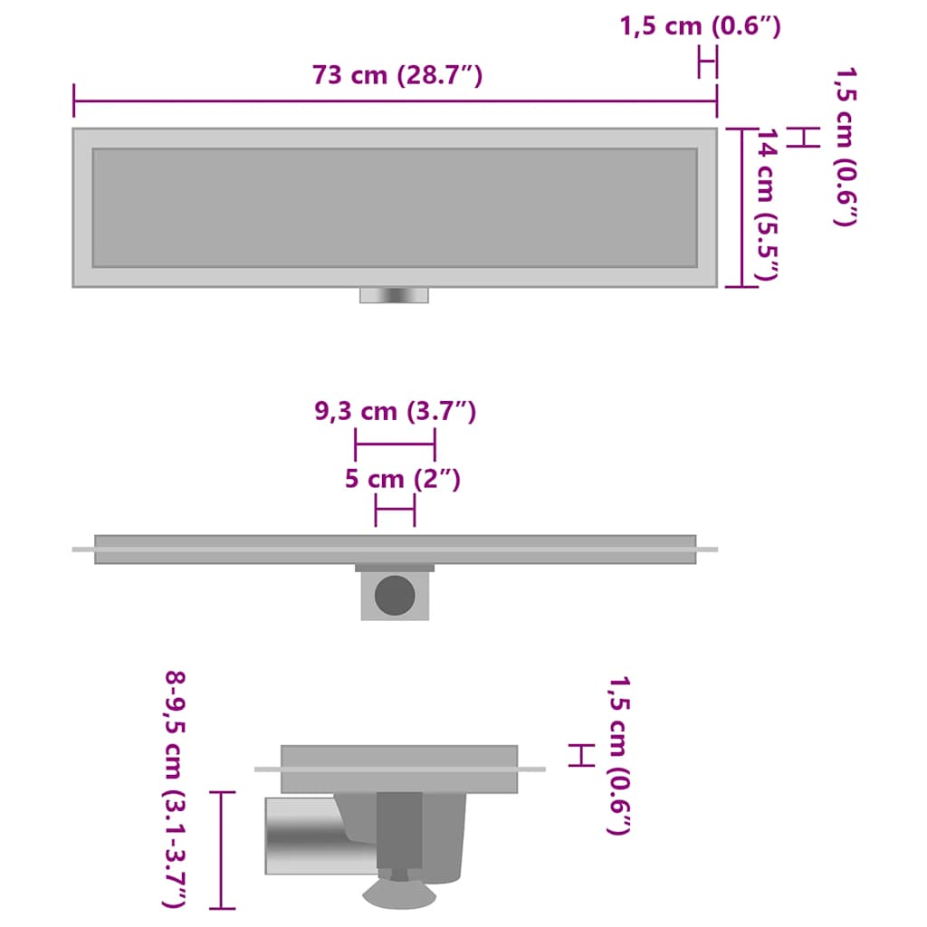 Drain de douche avec couvercle 2 en 1 73x14 cm Acier inoxydable