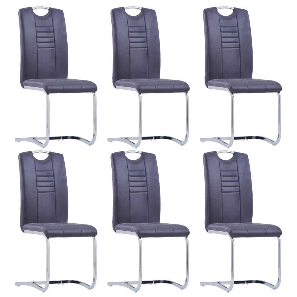 Cantilever Dining Chairs Set of 6 Grey Faux Suede Leather