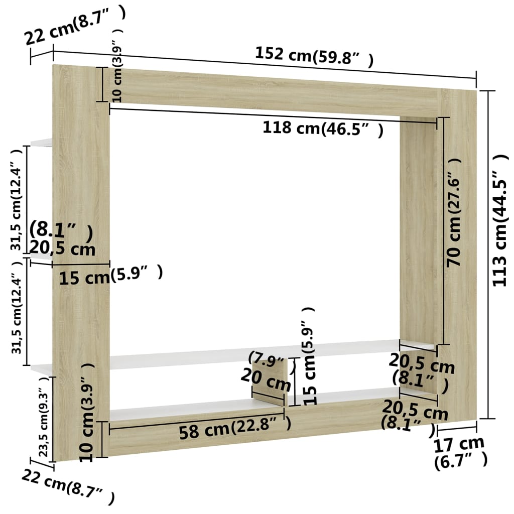 Meuble TV Blanc et chêne sonoma 152x22x113cm bois d'ingénierie