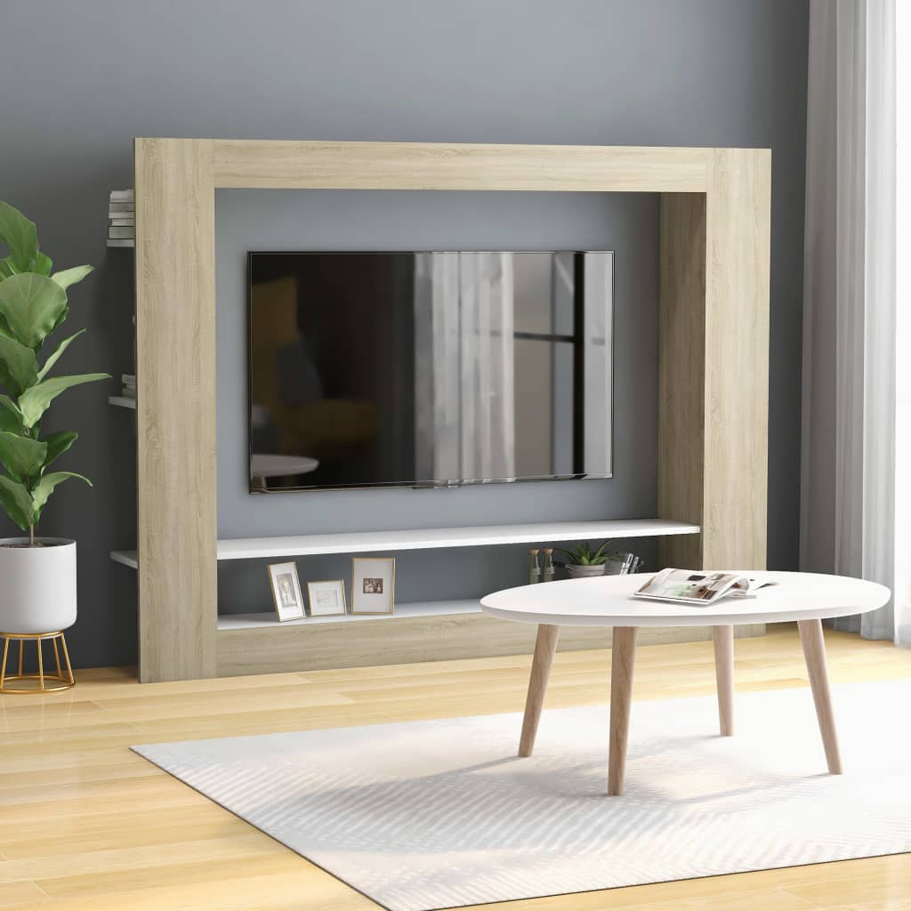 Meuble TV Blanc et chêne sonoma 152x22x113cm bois d'ingénierie