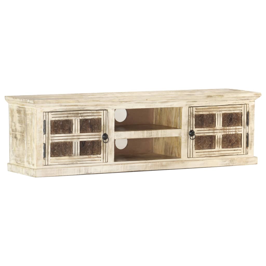 Meuble TV Blanc 130x30x36 cm Bois massif de manguier