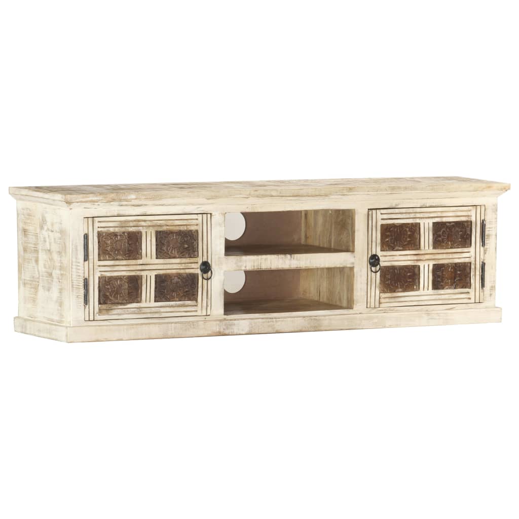 Meuble TV Blanc 130x30x36 cm Bois massif de manguier