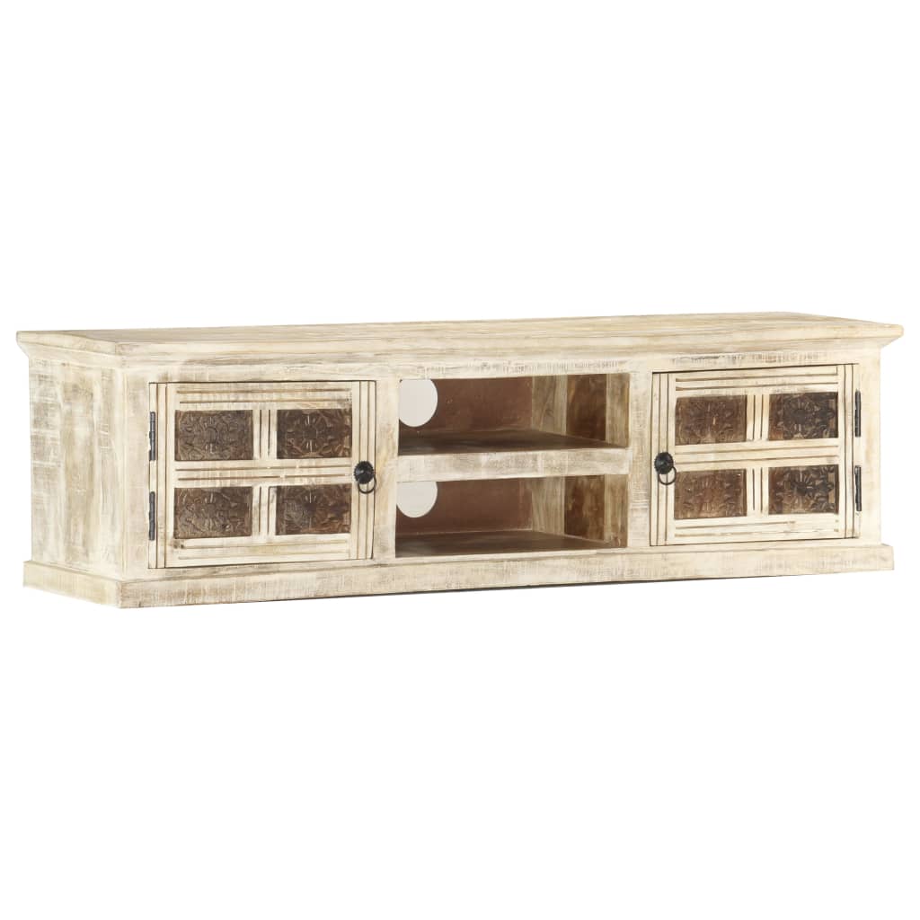 Meuble TV Blanc 130x30x36 cm Bois massif de manguier