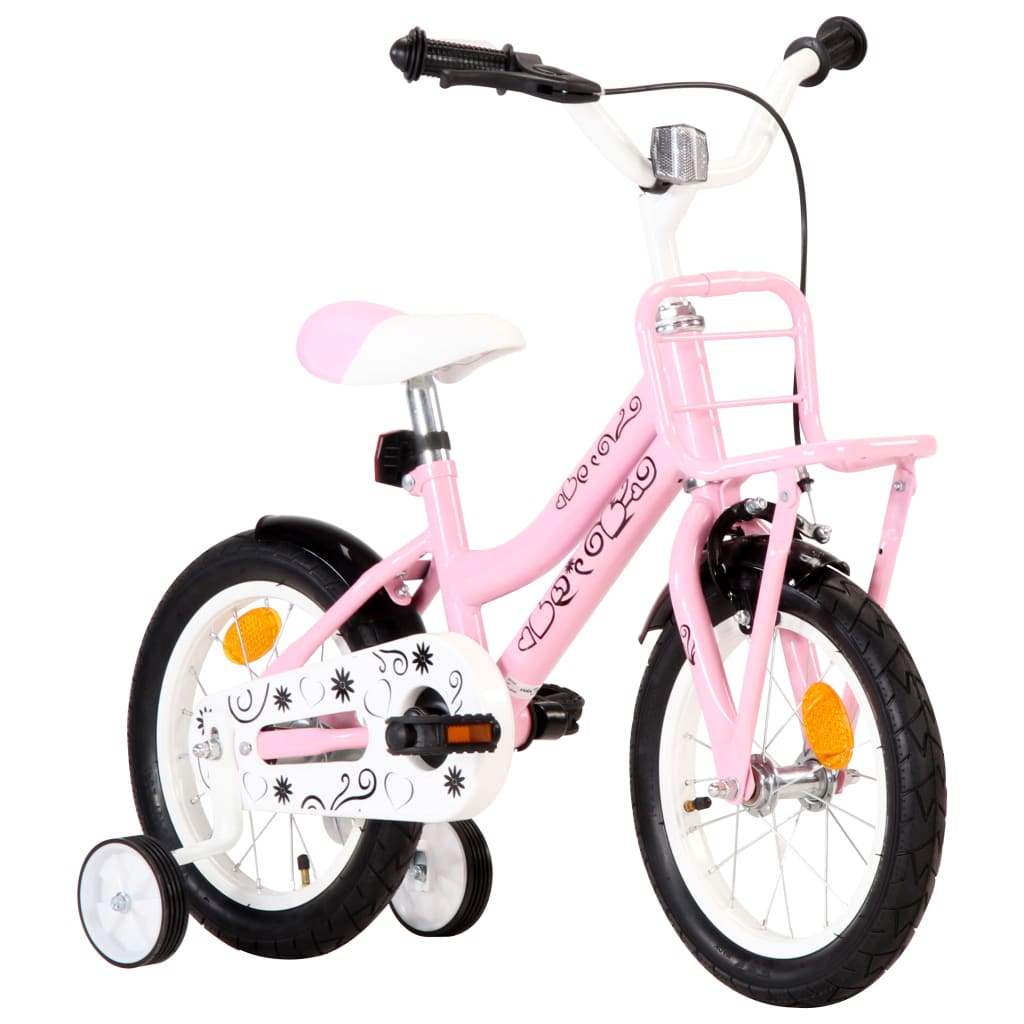 Vélo enfant avec porte-bagages avant 14 pouces Blanc et rose