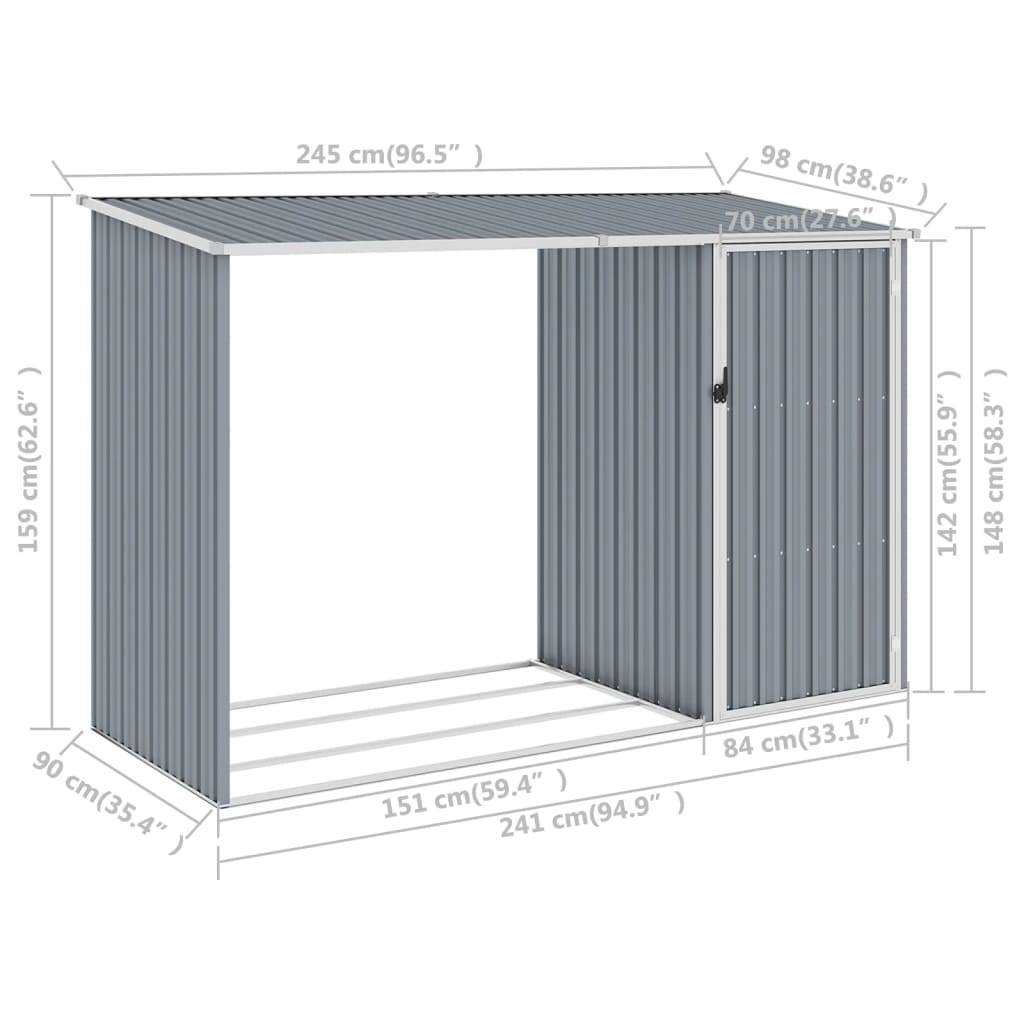 Garden wood shed Grey 245x98x159 cm Galvanized steel