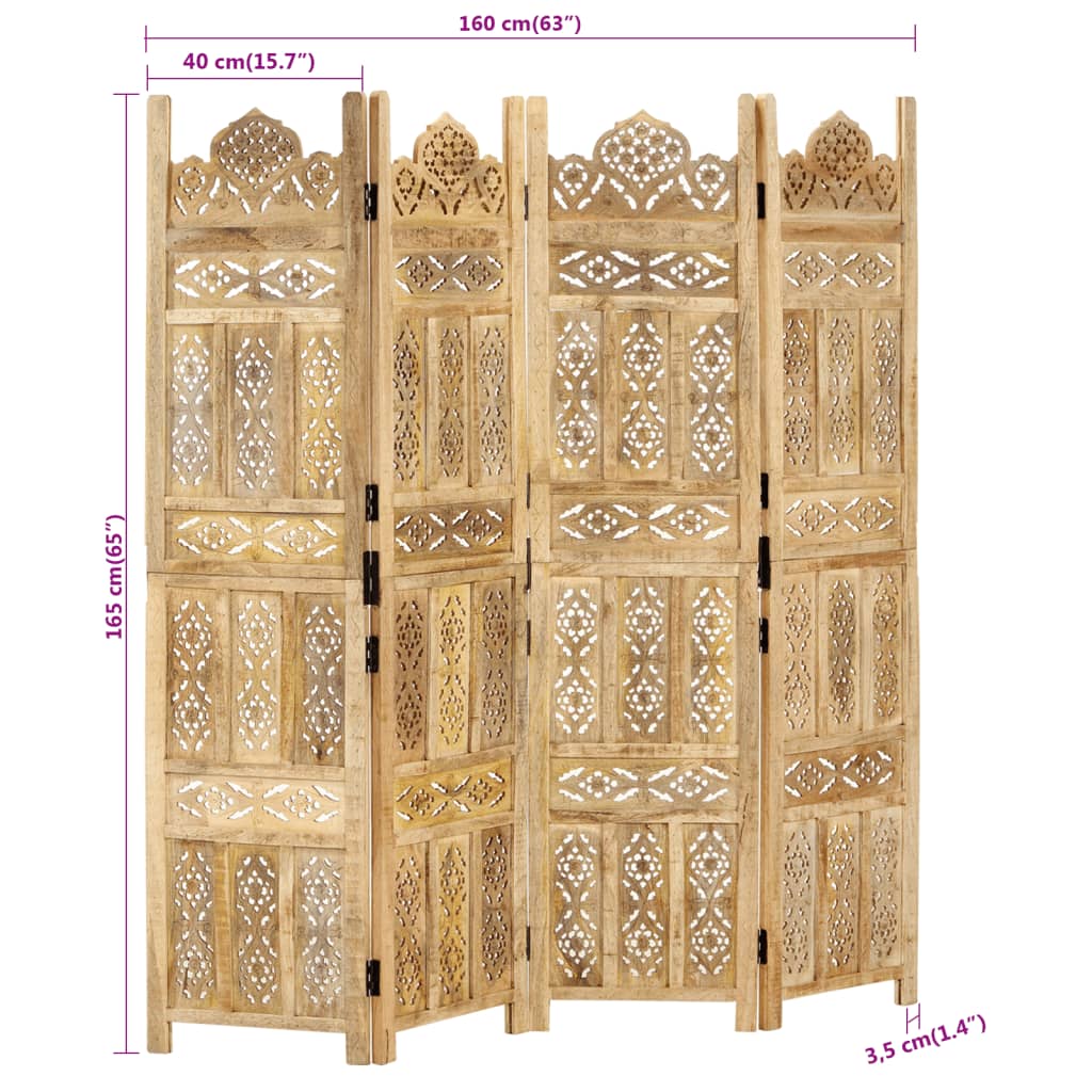 Cloison de séparation 4 panneaux 160x165 cm Bois de manguier