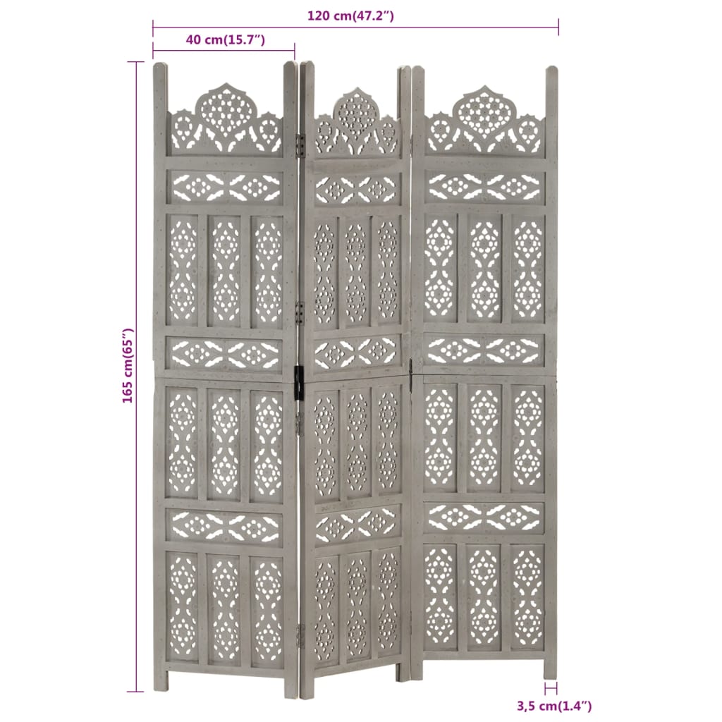 Cloison de séparation 3 panneaux Gris 120x165 cm Bois manguier