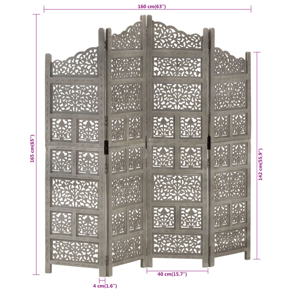 Cloison de séparation 4 panneaux Gris 160x165 cm Bois manguier