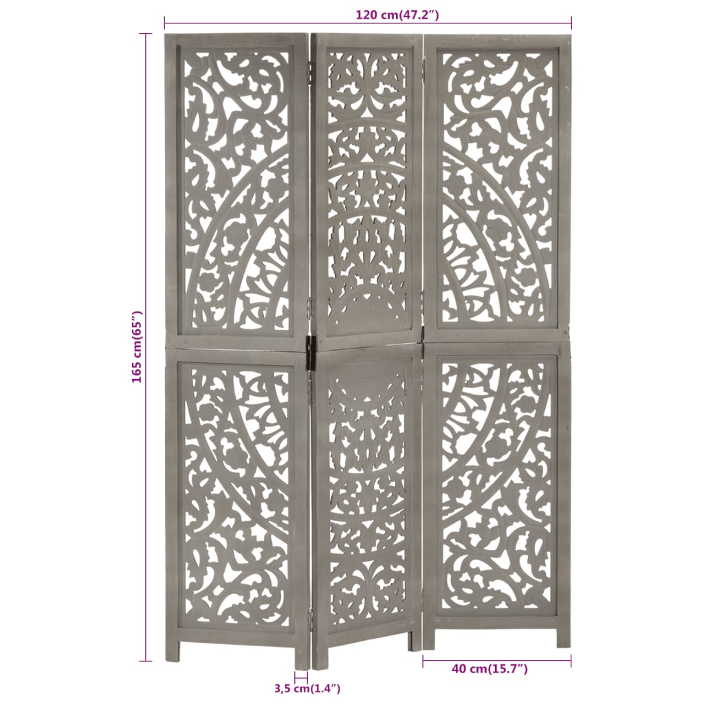 Cloison de séparation 3 panneaux Gris 120x165 cm Bois manguier