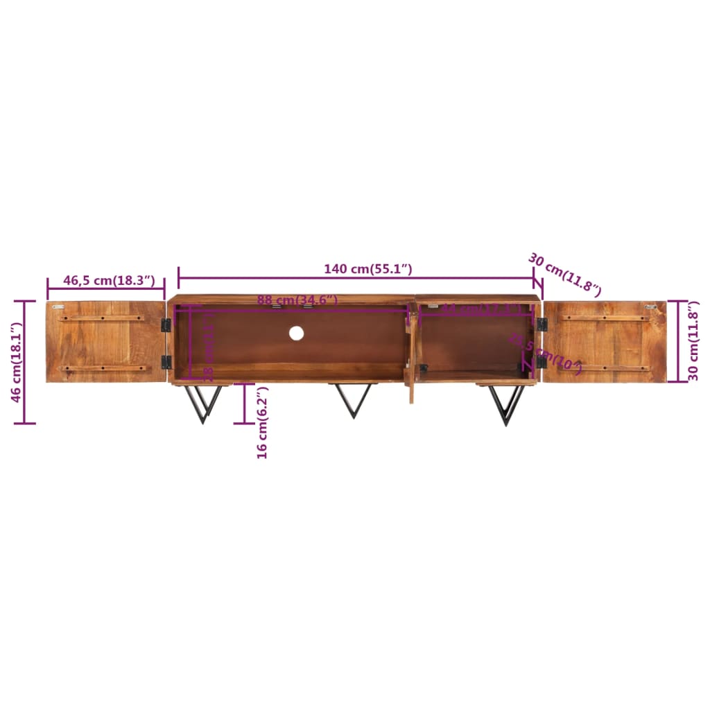 Meuble TV 140x30x46 cm Bois massif de manguier