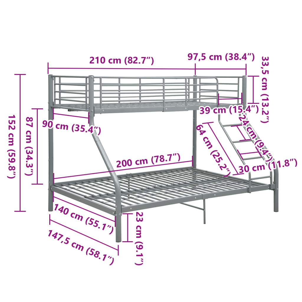 Cadre de lit superposé sans matelas gris 140x200 cm/90x200 cm