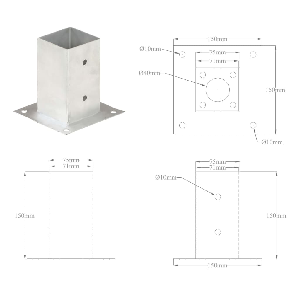 Pfostenanker 4 Stück. Verzinktes Metall 71 mm