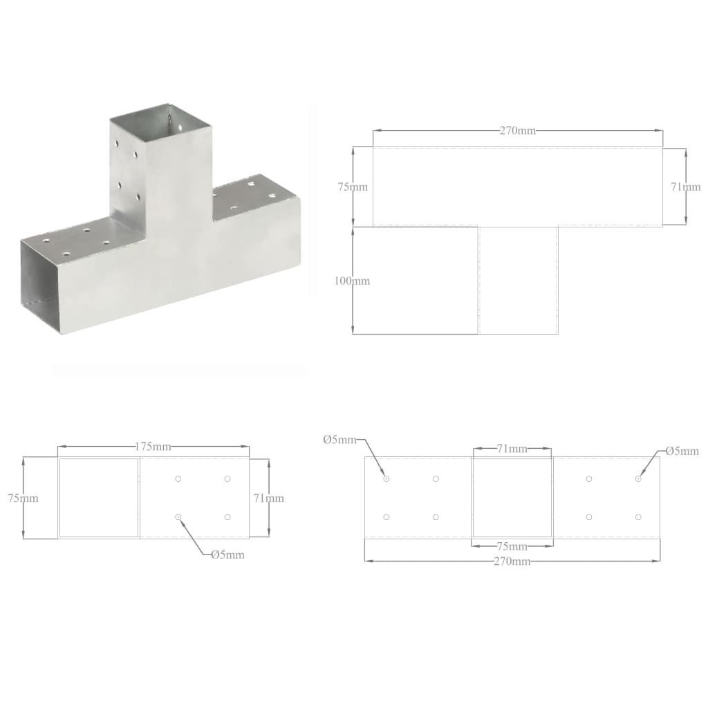 Post Connectors 4 pcs T Shape Galvanized Metal 71x71 mm