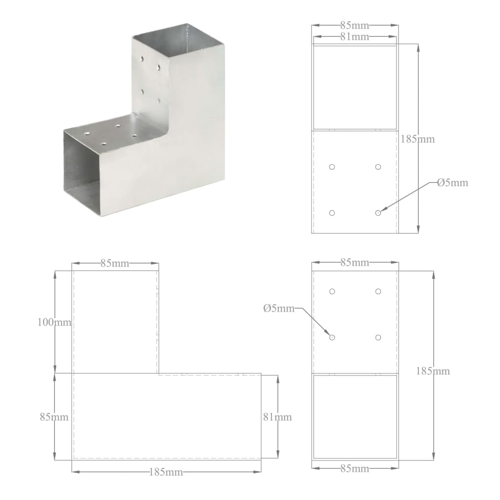 Post Connectors 4 pcs L Shape Galvanized Metal 81x81 mm