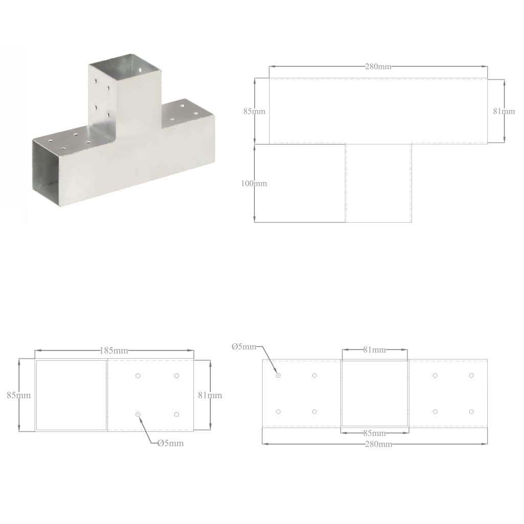 Connecteurs de poteau 4 pcs Forme en T Métal galvanisé 81x81 mm