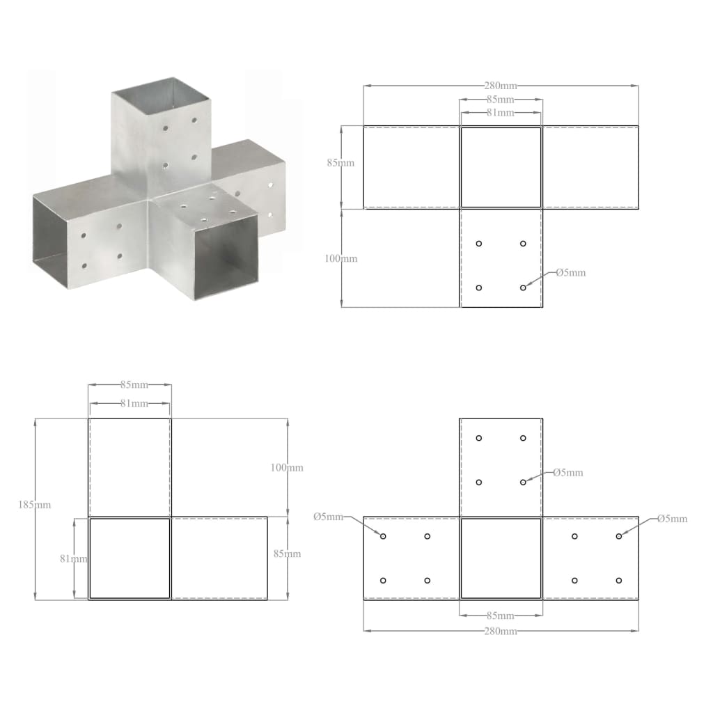 Post Connectors 4 pcs X Shape Galvanized Metal 81x81 mm