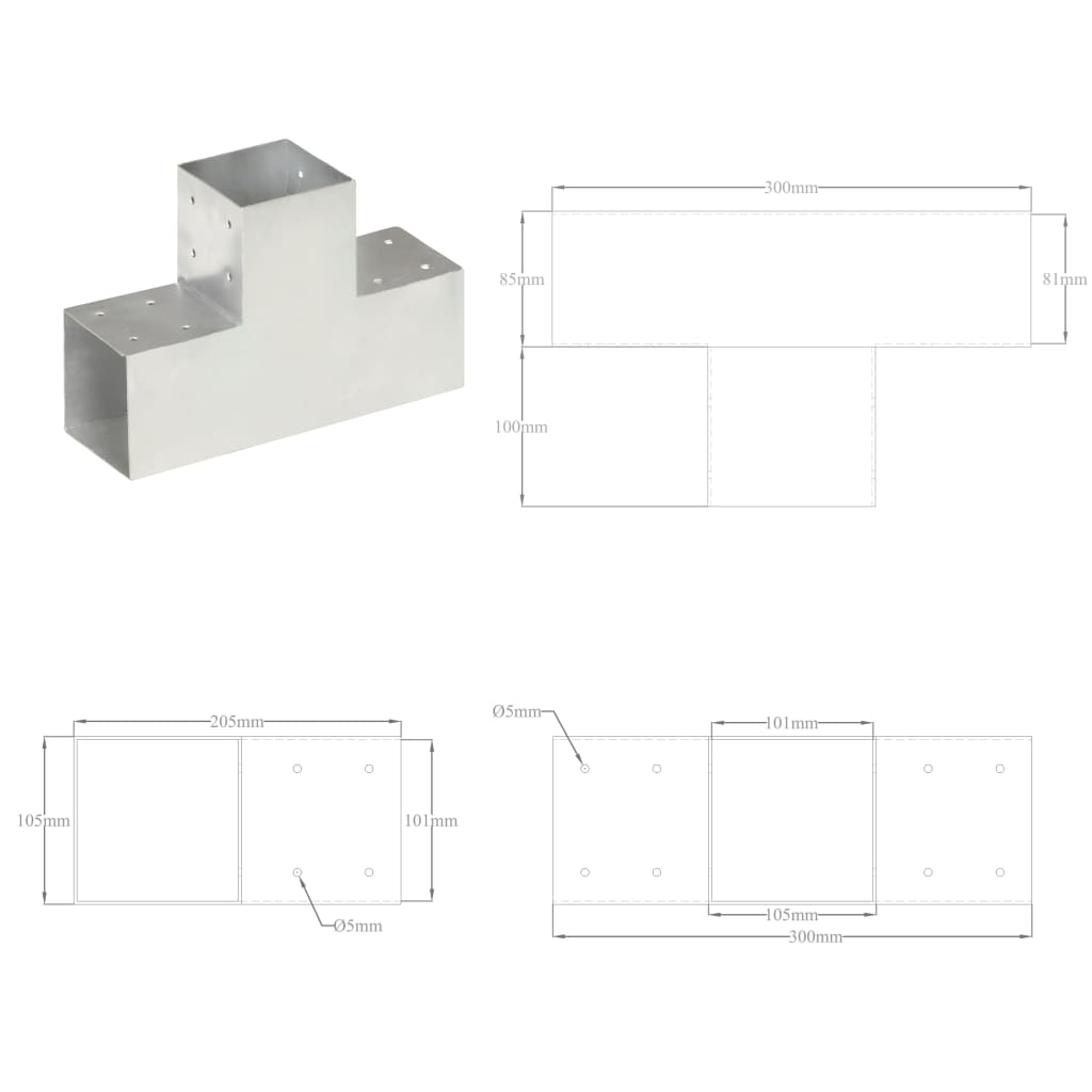 Post connector T shape Galvanized metal 101x101 mm