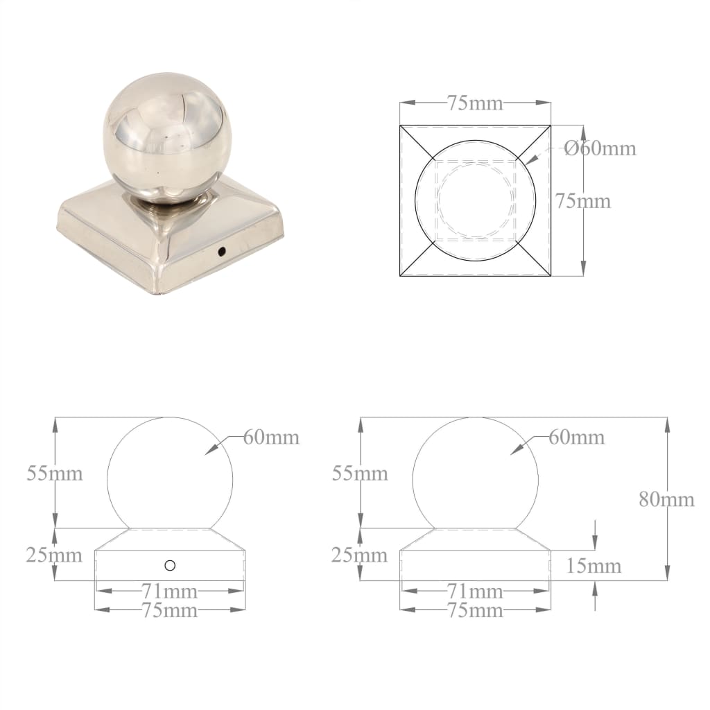 Bouchons de poteau 6 pcs Globe final Acier inoxydable 71x71 mm