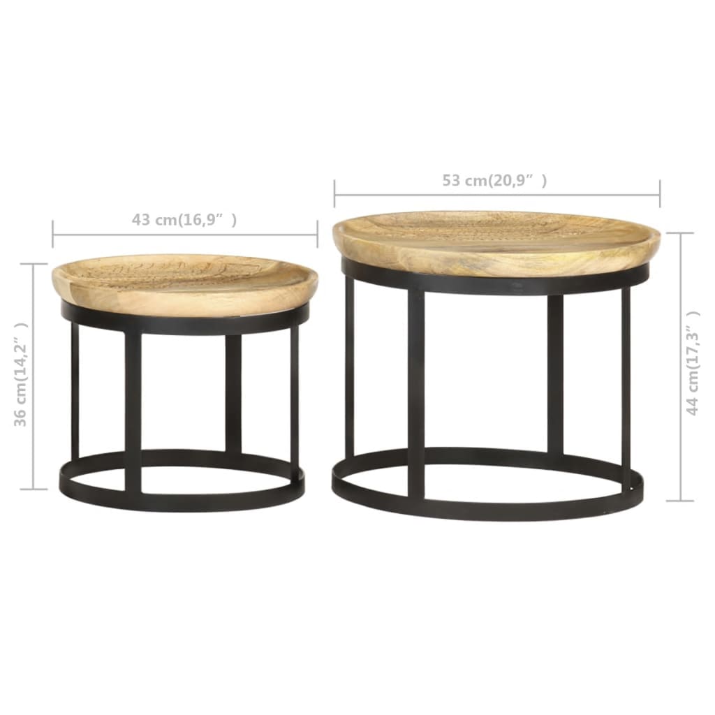 Round Side Tables 2 pcs Solid Mango Wood and Steel