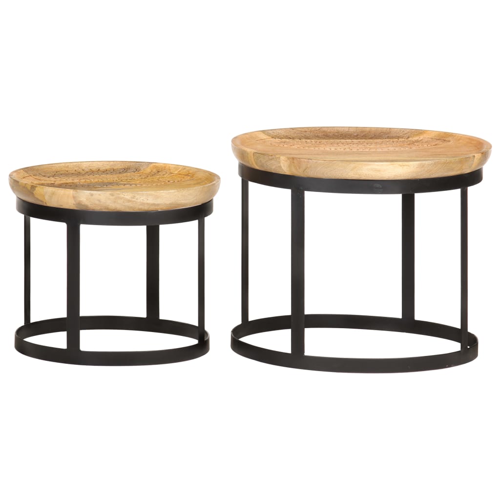 Tables d'appoint rondes 2 pcs Bois de manguier solide et acier