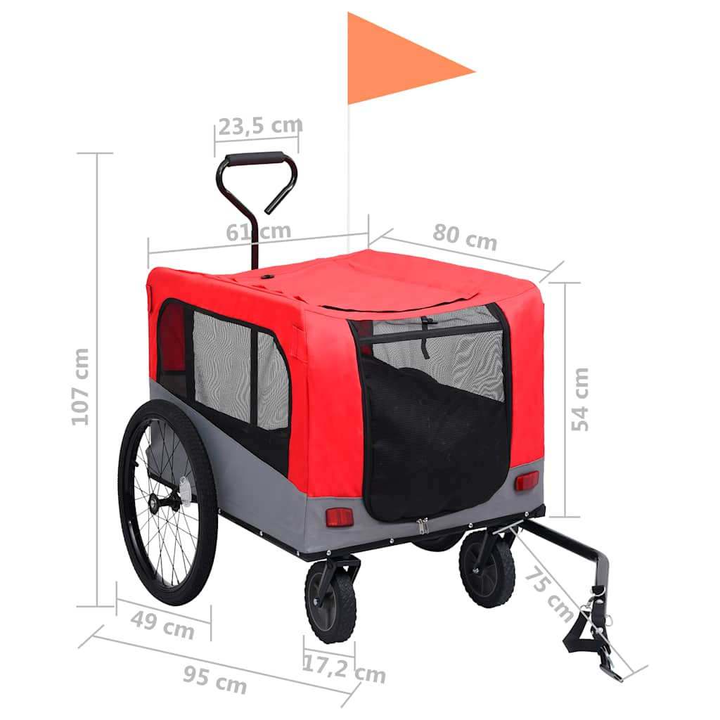 Remorque de vélo pour chiens et poussette 2-en-1 rouge et gris