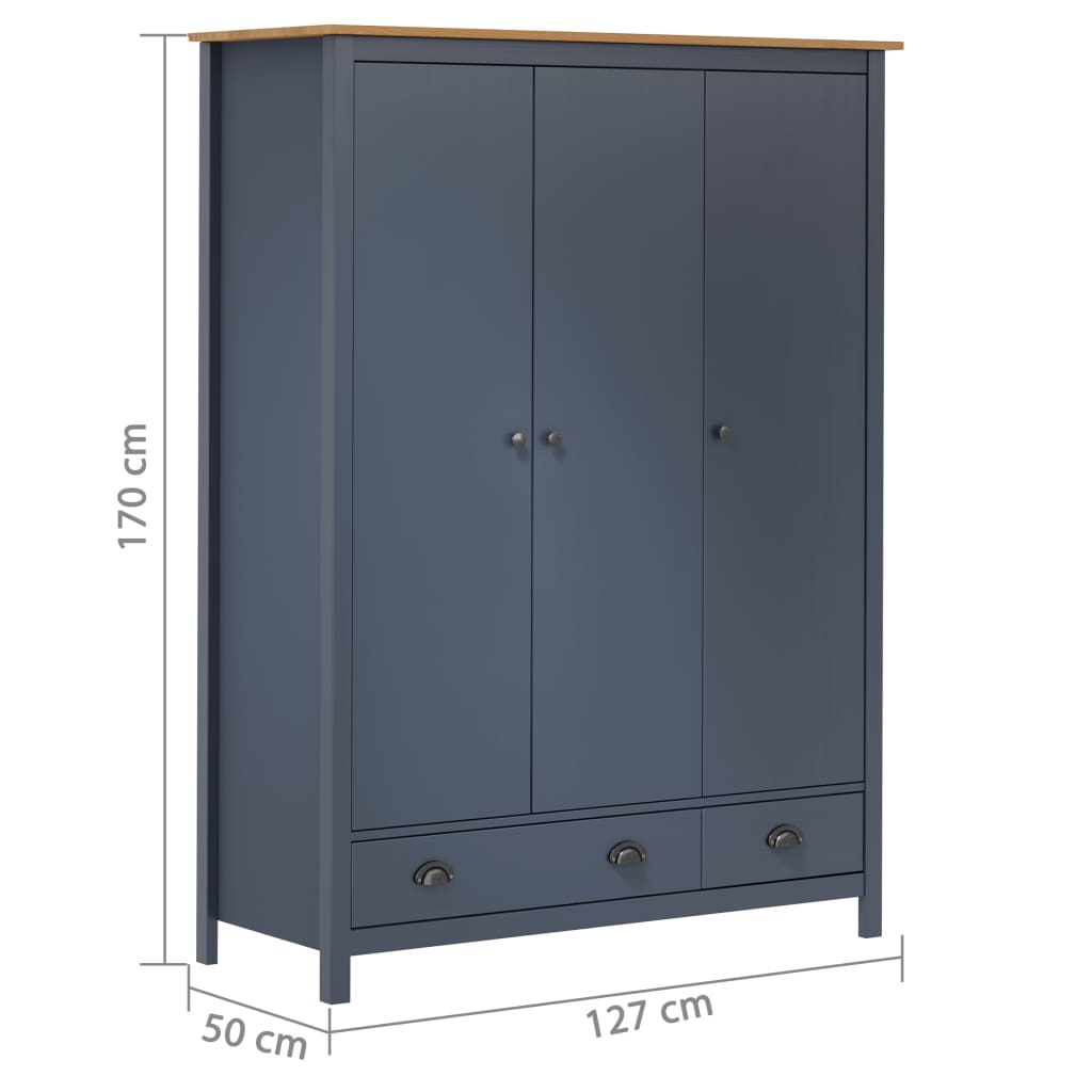 Hill Grey 3-Door Wardrobe 127x50x170 cm Solid Pine