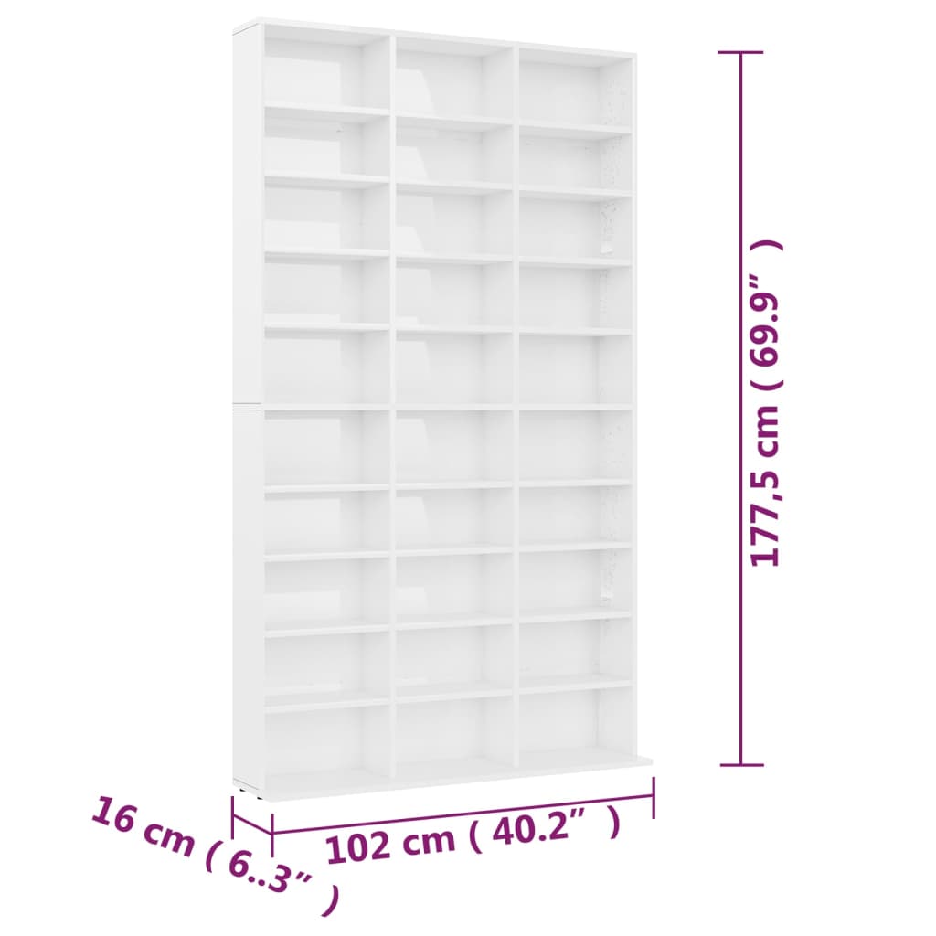 CD-Schrank, glänzend weiß, 102 x 16 x 177,5 cm, Holzwerkstoff