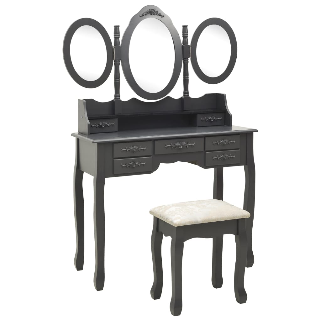 Coiffeuse avec tabouret et miroir pliable en 3 Gris