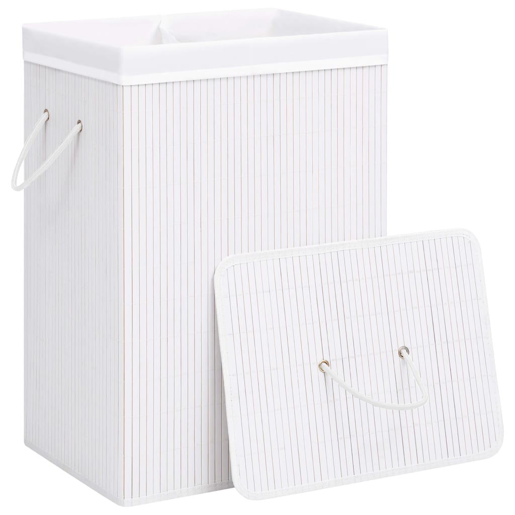 Panier à linge avec 2 sections bambou blanc 72 L