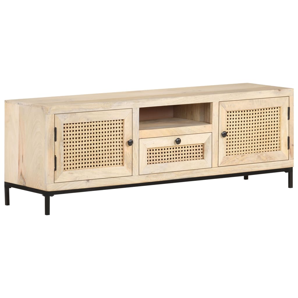 Meuble TV 120x30x40 cm Bois de manguier et canne naturelle