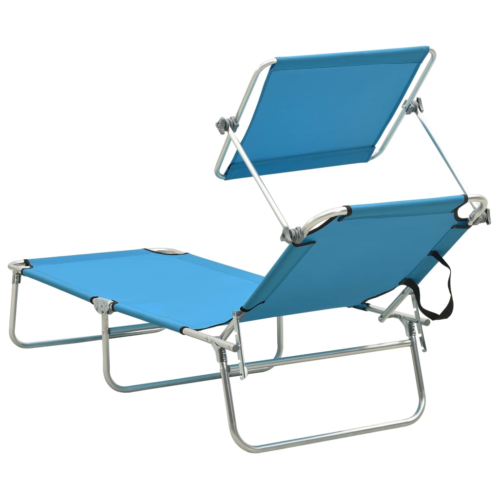 Chaise longue pliable avec auvent acier turquoise et bleu