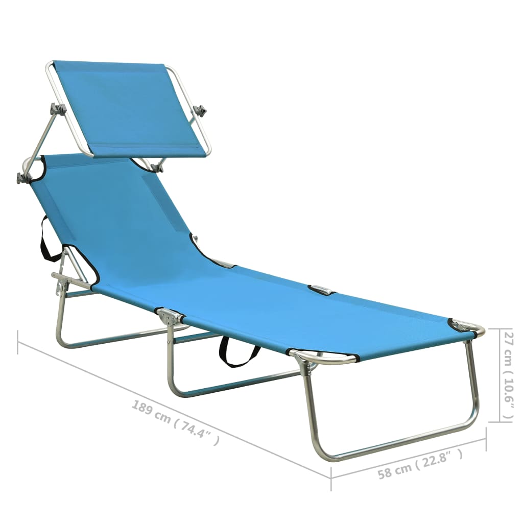 Chaise longue pliable avec auvent acier turquoise et bleu