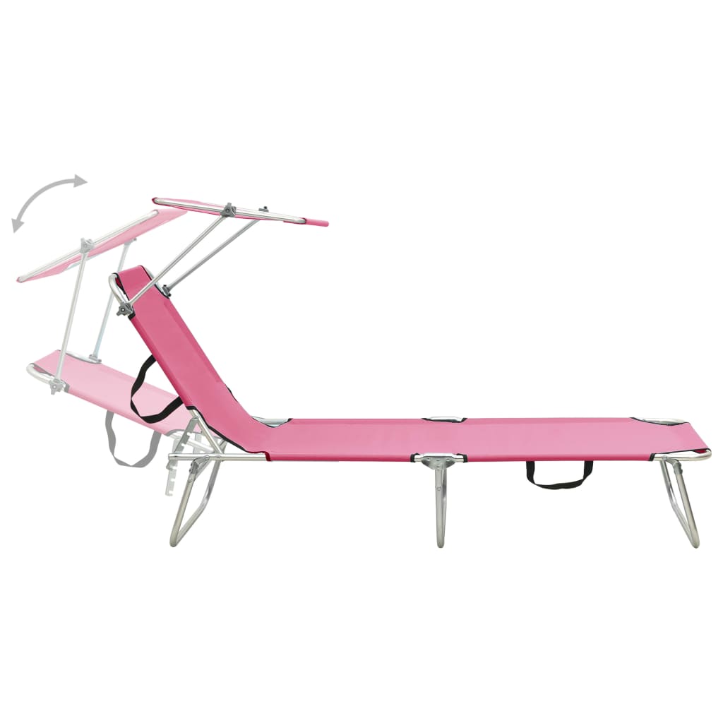 Chaise longue pliable avec auvent acier rose magento