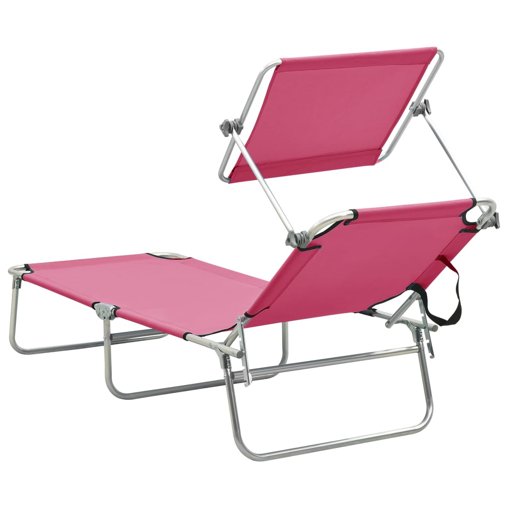 Chaise longue pliable avec auvent acier rose magento