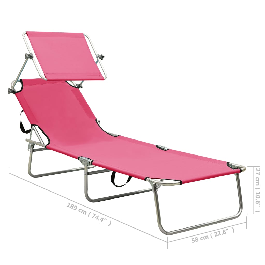 Chaise longue pliable avec auvent acier rose magento