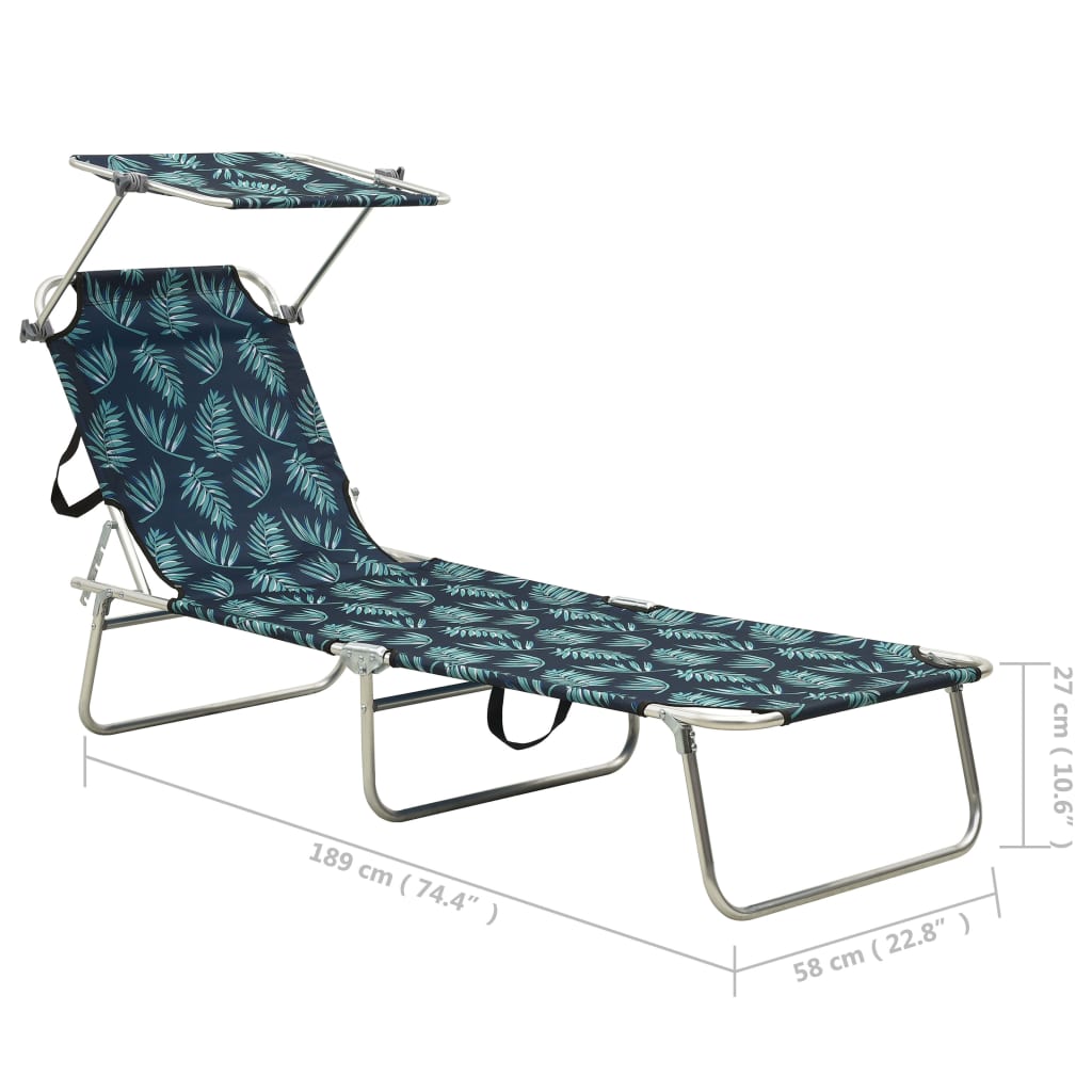 Chaise longue pliable avec auvent acier motif de feuilles