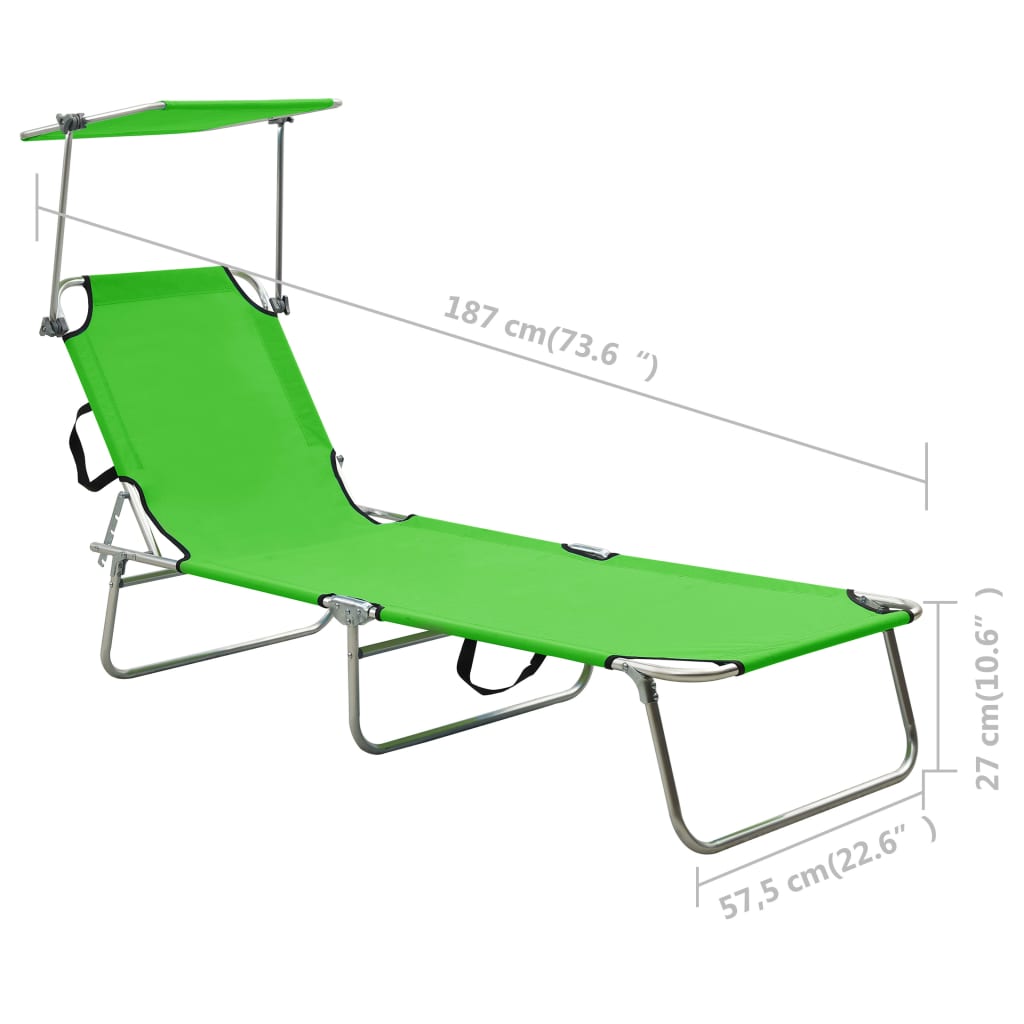 Chaise longue pliable avec auvent vert aluminium