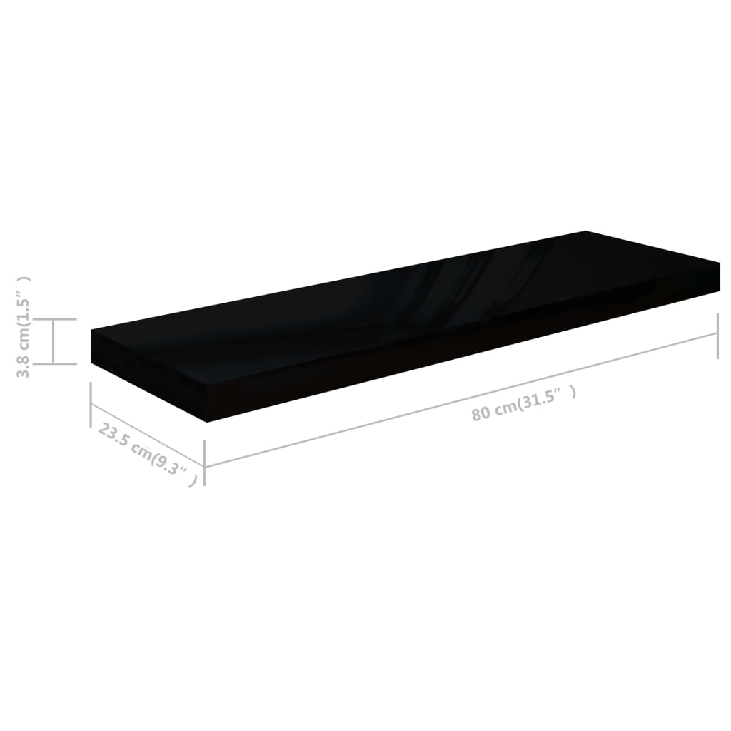 Étagère murale flottante 2 pcs Noir brillant 80x23,5x3,8 cm MDF