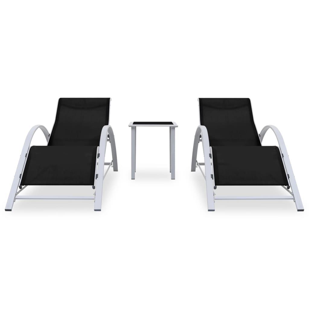 Set of 2 deck chairs with black aluminum table