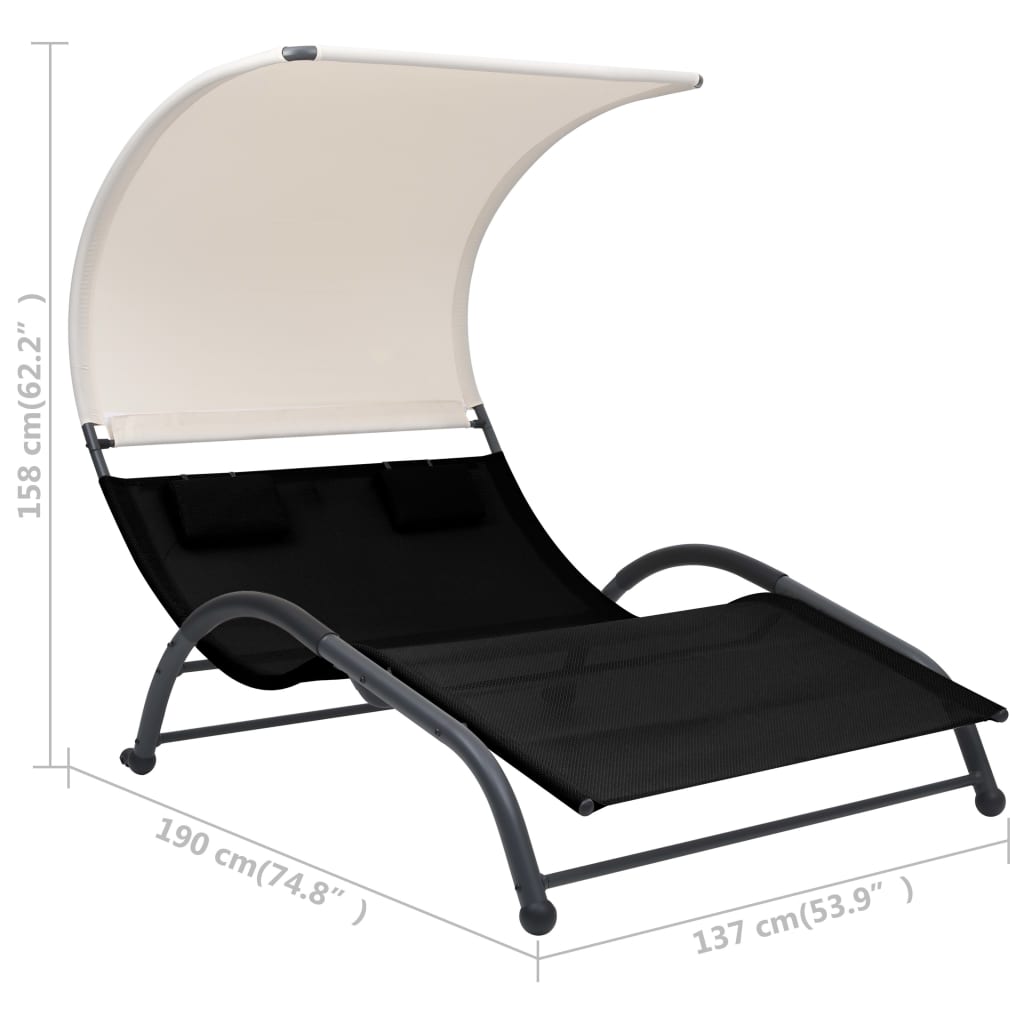 Chaise longue double avec auvent textilène noir