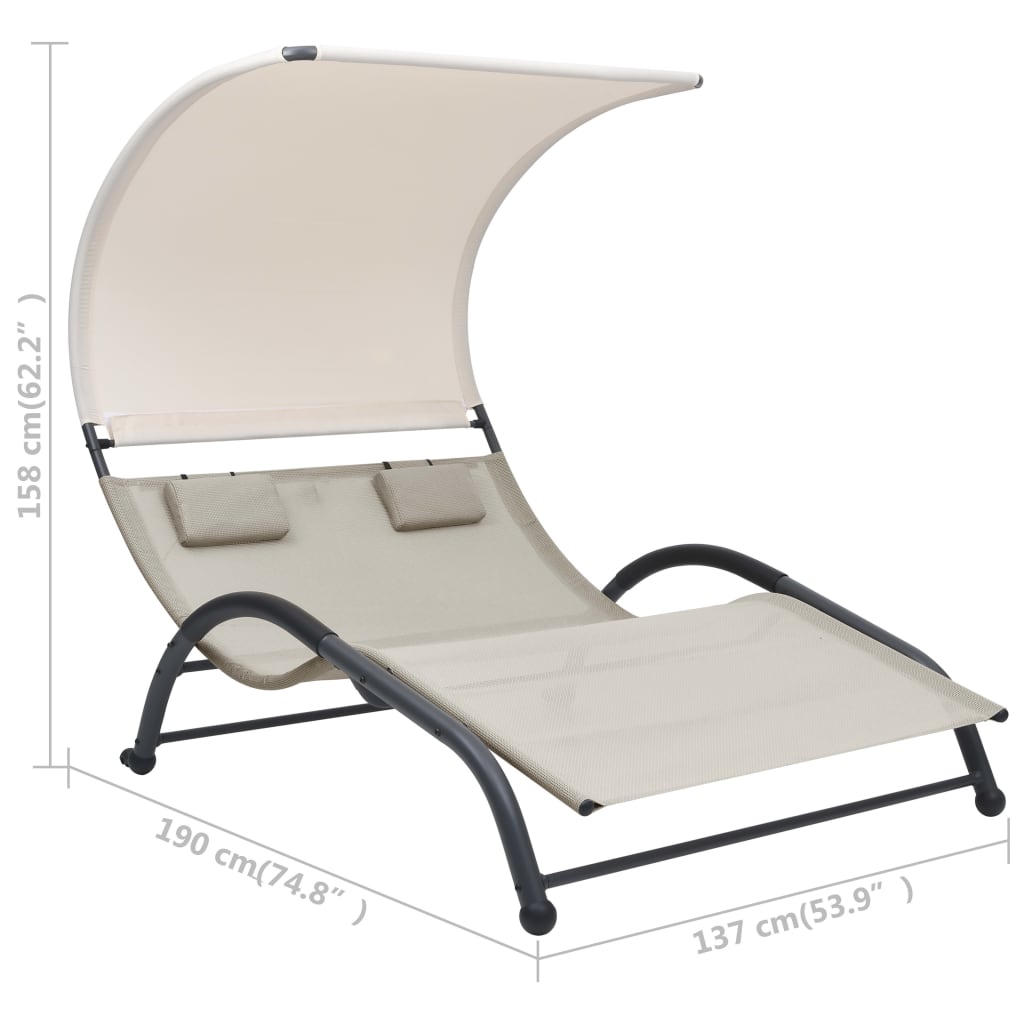 Chaise longue double avec auvent textilène crème